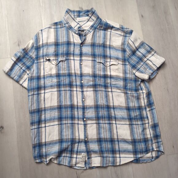 Lucky Brand Shirt Mens XXL Blue Plaid Classic Fit Linen Blnd Pearl Snap Western - Picture 1 of 4